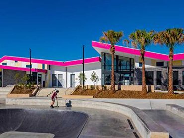 The dynamic facade design by Mode Corp pays tribute to the historic site’s former attraction, Oran Park Raceway