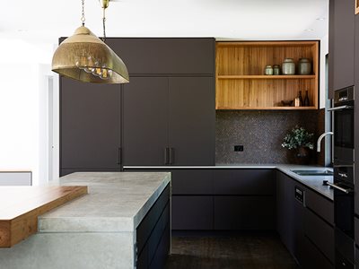 Nover Fenix Modern Residential Kitchen Interior Marble Worktops Wooden Shelving