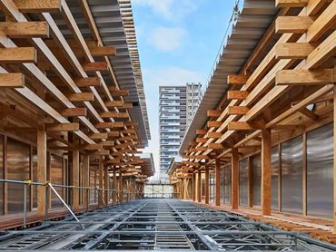 The Olympic Village Plaza is built using 40,000 pieces of sustainable timber including Japanese cypress, cedar and larch