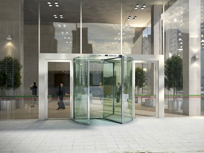 Entrance Of Office Building With Glass Revolving Doors