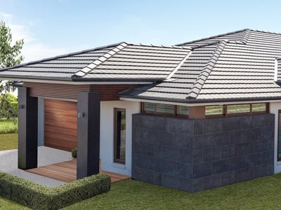 External back entrance view of house with concrete roof tiles