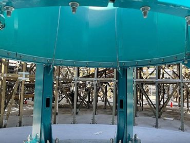 The large shade structure provides shade coverage for patrons while they queue for the Leviathan roller coaster