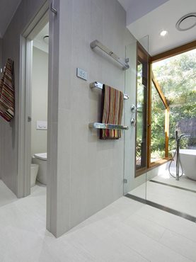 Modern bathroom interior with linear shower drain