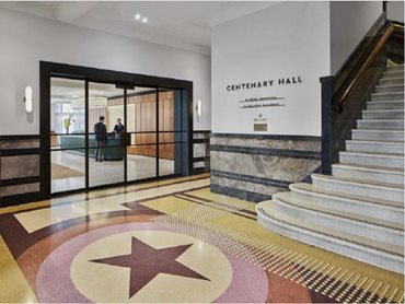 The terrazzo foyer flooring with its Orange Order star was revived to its original grandeur