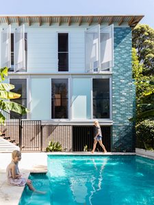 residential swimming pool blue tone bricks