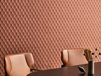 Woven Image Acoustic Embossed Panels in a Cinnamon Colour with Meeting Room Interior Arrangement