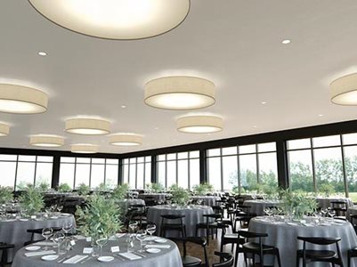 Knauf Restaurant Interior Featuring White Acoustic Plasterboard Ceiling System