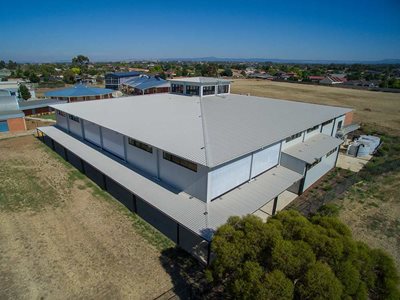 Aerial view of industrial facility with insulated roofing panel