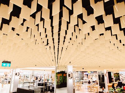Network Architectural durlum Ceiling Paddles Light Timber Busy Shopping Mall