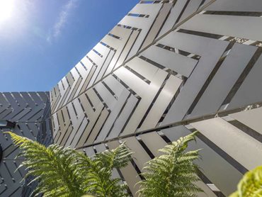 DECO Innovation Centre: DECO aluminium chevron panels brushed and anodised in DecoUltra ZD finish create an arresting motif across the front of the building