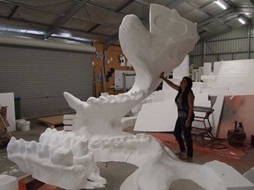 The polystyrene for the six-metre skull was supplied to Industrial Carving