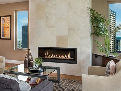 Lopi linear gas fireplace in living room interior