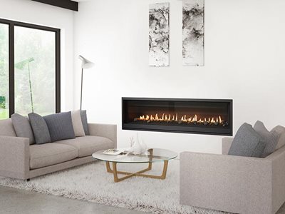 Lopi ProBuilder premium linear gas fireplace in white living room interior