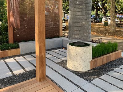 SVC Circular Concrete Planters Paved Walkway Timber Decking