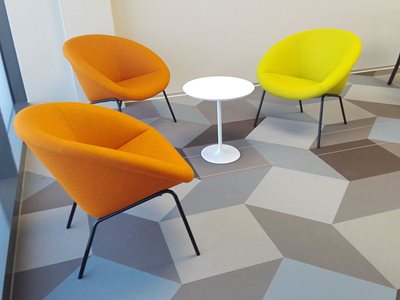 Armstrong Woven Vinyl Flooring with Diamond Tiles in Office Interior with Orange Chairs