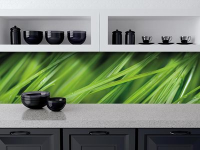 Rendered kitchen counter with green splashback