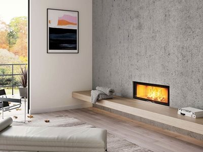 Recessed Austrian designed fireplace in modern living room setting
