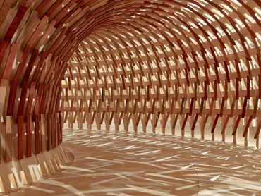 The tactile pavilion is completely made of wood with the interlocking slats assembled as pieces of a puzzle