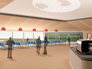 Davis station interior, © Hugh Broughton Architects/Australian Antarctic Division; An artist’s impression of one of the communal areas in the redeveloped Davis research station. 