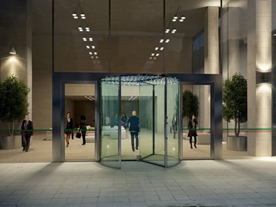 Rendered Image Of Office Building Entrance With Glass Revolving Door