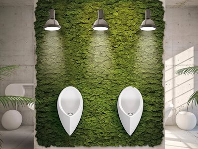 Uridan waterless urinal on greenwall