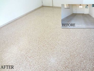 CCS epoxy flake floor - Before (inset) and after