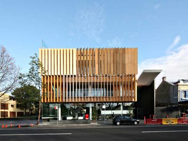 Prodema ProdEX natural wood panels were built into a solar-tracking timber louvre system on the eastern elevation of the building 