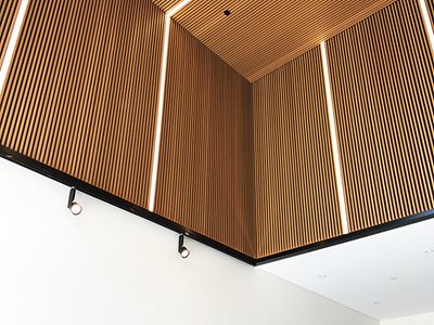 Innowood MEZZO Apartment Innowood Ceiling Timber Slats Integrated Lights
