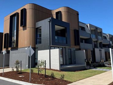 The Cemintel Territory range in Woodlands Teak and Whitewash was specified for the Geelong townhouses 