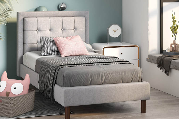 Australian single bed ikea bunnings grey chesterfield with blue walls and alarm clock pink