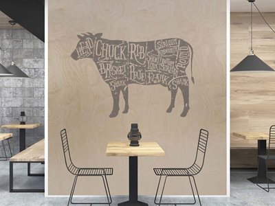 Restaurant interior with plywood decorative surface finishes
