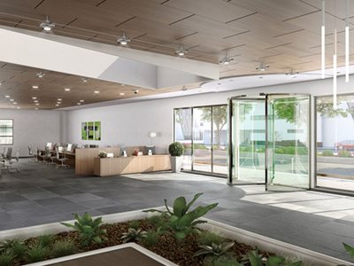Rendered Image Of Modern Office Interior With Glass Revolving Door System