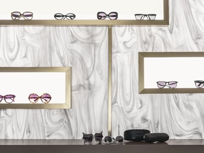 Corian Sunglass store display wall shelves and counters