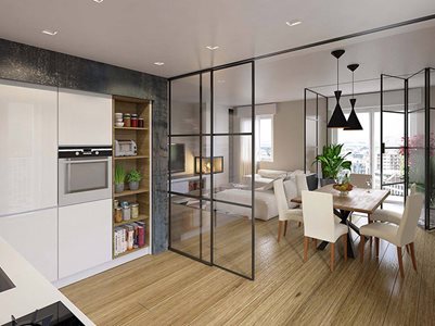 Residential home interior with light weight glass framed doors