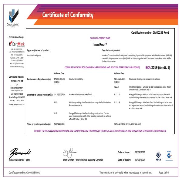 InsulRoof R01 Certificate of Conformity 