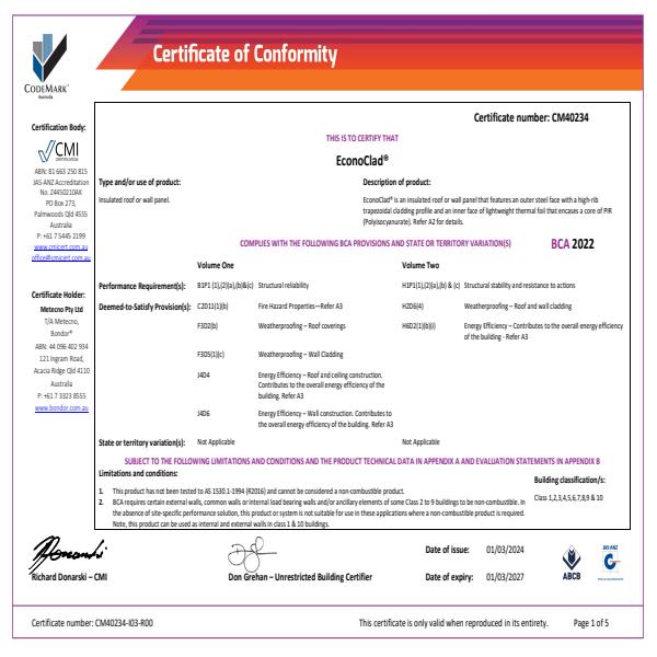 EconoClad CodeMark Certificate