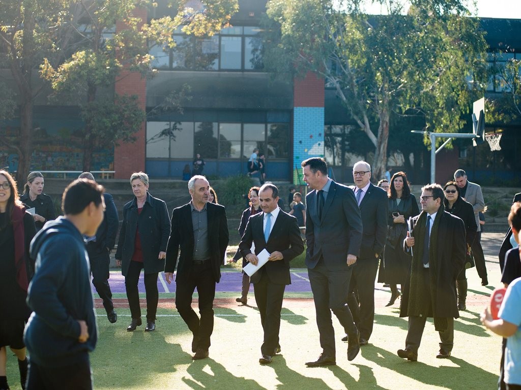 Hayball director Richard Leonard and Victorian minister for education James Merlino on the site where a new secondary school will be built in Footscray. Image: supplied
