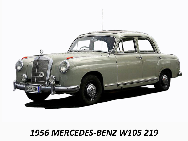 Mercedes-Benz introduced this family car in Germany in 1956, as the W105, also known as the 219. No nonsense arithmetically functional names. It was 4.65 m long and weighed 1,290 kilograms and was made for three years, between 1956 and 59 in several variants. It was a four-door, front engine, rear drive sedan or saloon using a straight six motor.