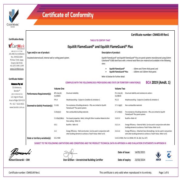 Equitilt FlameGuard Certificate of Confirmity