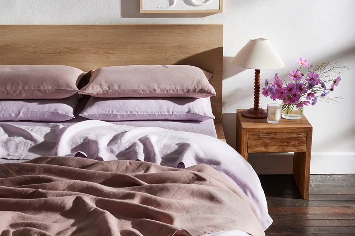 brown and lavender bedroom sheets with sand colour scheme