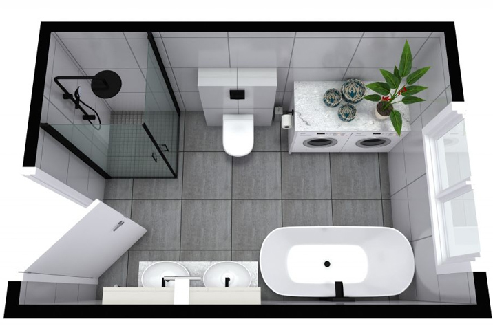 3D bathroom floor plan model wide narrow design