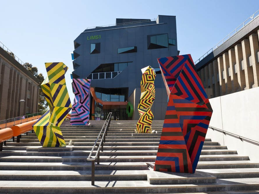 Murri sculptures (2012) by Reko Rennie (Kamilaroi) at Melbourne&rsquo;s LaTrobe University.&nbsp;LaTrobe University. Image: La Trobe
