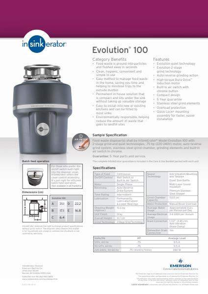 InSinkErator Evolution 100 Spec