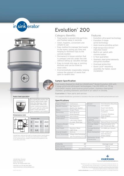 InSinkErator Evolution 200 Spec