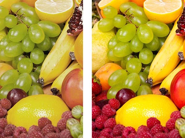 (Right) A fruit display viewed under Citizen Brilliant Vivid LEDs
