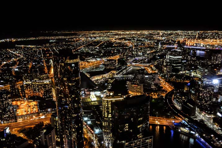 eureka tower melbourne at night city landscape lights from above