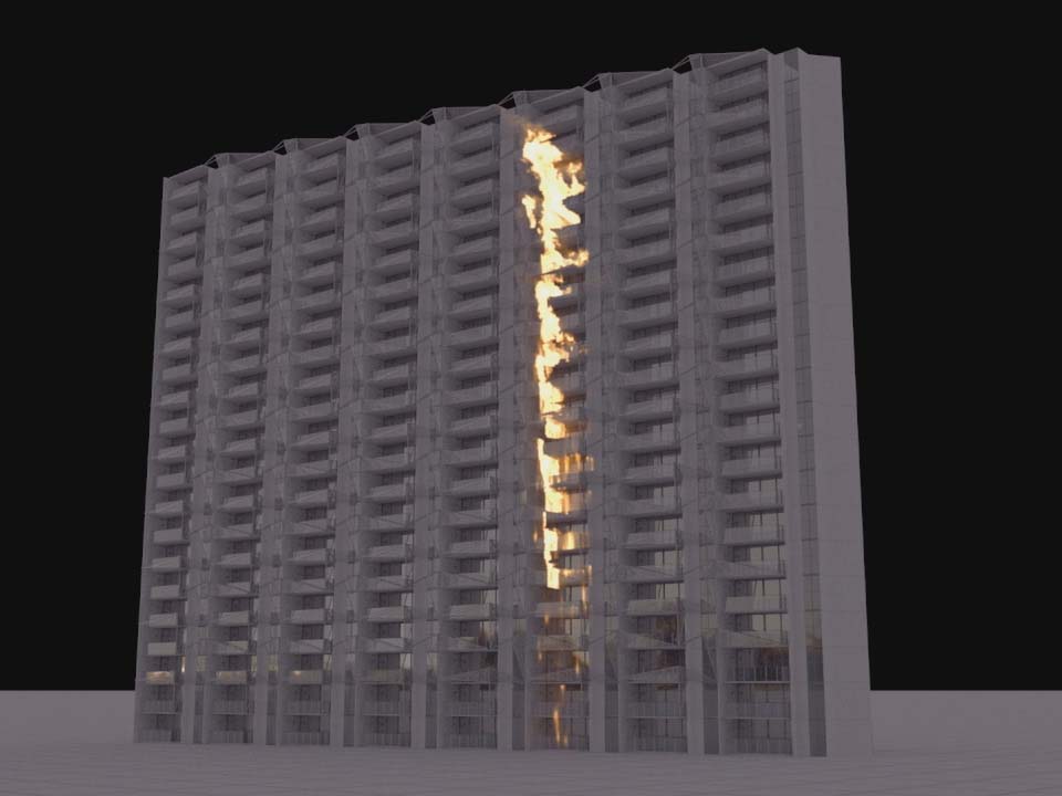 Architects have always sought to make tall buildings safe. This can be done in two ways- first is by using a range of suppression technologies, in other words stopping fires from taking hold in the first place, or limiting their spread if and when they do. Image: Lacrosse Fire Simulation by Leading Light Productions
&nbsp;
