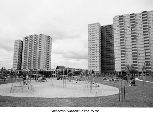 Commencing in the late 60s, eight streets (and every house and shop on them), were bulldozed to create the area for the four towers. Notably different in comparison to many estates in Sydney and in the UK is the well-maintained landscape between the buildings, in keeping with Le Corbusier’s idea of tower blocks set in green gardens.
