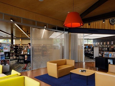 Spacemaile deterrent screen at Sumner library and community hub by Athfield Architects
