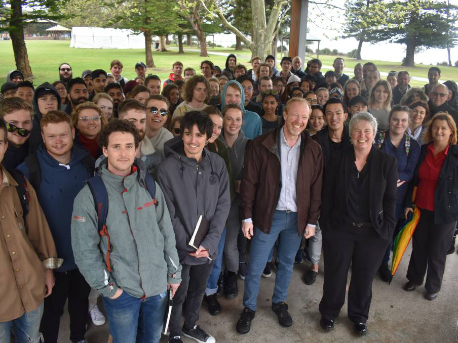 UoN architecture students, Dr Chris Tucker (front, middle) and Macquarie City Council&#39;s Jacqui Hemsley (front, right) on a site visit.&nbsp;
